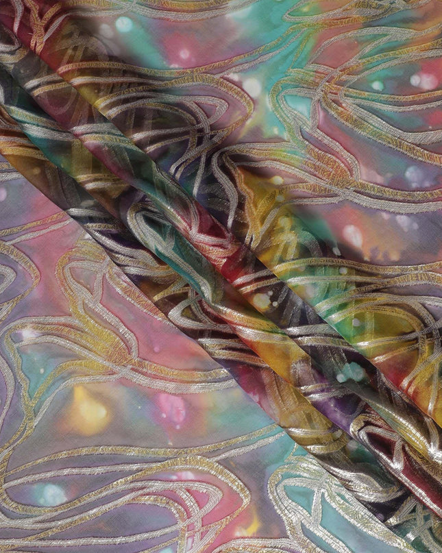قماش شيفون نقي فاخر متعدد الألوان مع لوركس معدني وطباعة يدوية متعددة الألوان بتصميم تجريدي-D15678