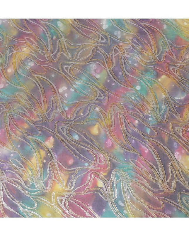 قماش شيفون نقي فاخر متعدد الألوان مع لوركس معدني وطباعة يدوية متعددة الألوان بتصميم تجريدي-D15678