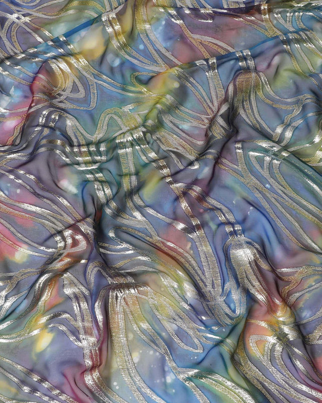 قماش شيفون نقي فاخر متعدد الألوان مع لوركس معدني وطباعة يدوية متعددة الألوان بتصميم تجريدي-D15679