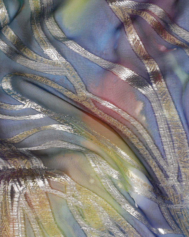 قماش شيفون نقي فاخر متعدد الألوان مع لوركس معدني وطباعة يدوية متعددة الألوان بتصميم تجريدي-D15679
