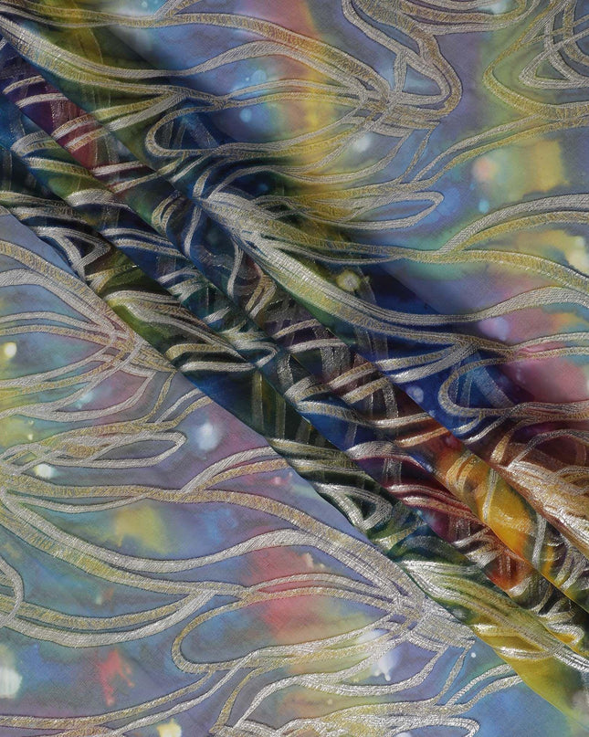 قماش شيفون نقي فاخر متعدد الألوان مع لوركس معدني وطباعة يدوية متعددة الألوان بتصميم تجريدي-D15679