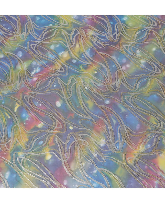 قماش شيفون نقي فاخر متعدد الألوان مع لوركس معدني وطباعة يدوية متعددة الألوان بتصميم تجريدي-D15679