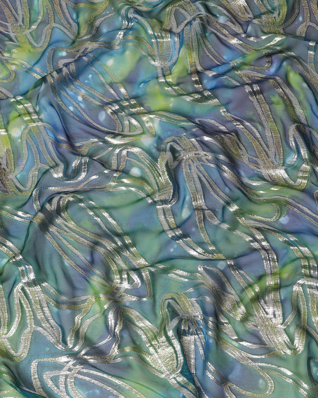 قماش شيفون نقي ممتاز متعدد الألوان مع لوركس معدني وطباعة يدوية متعددة الألوان بتصميم تجريدي-D15680