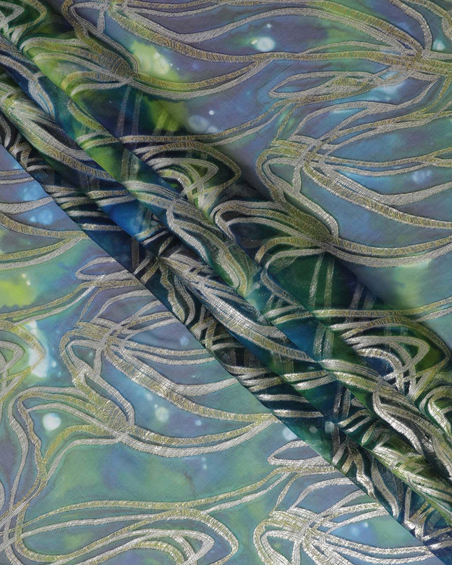 قماش شيفون نقي ممتاز متعدد الألوان مع لوركس معدني وطباعة يدوية متعددة الألوان بتصميم تجريدي-D15680
