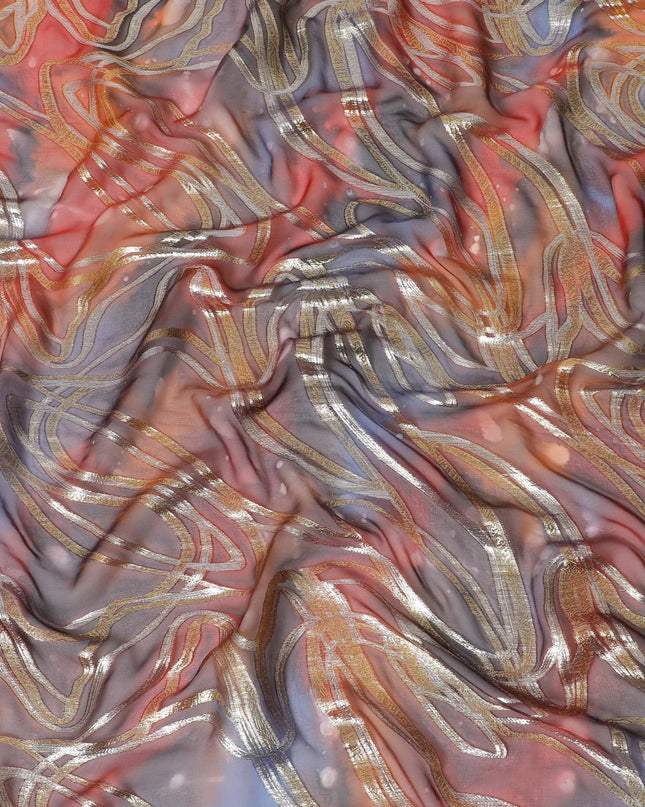 قماش شيفون نقي فاخر متعدد الألوان مع لوركس معدني وطباعة يدوية متعددة الألوان بتصميم تجريدي-D15681