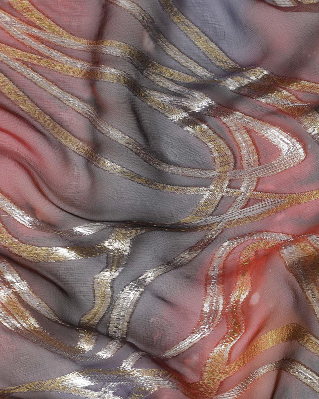قماش شيفون نقي فاخر متعدد الألوان مع لوركس معدني وطباعة يدوية متعددة الألوان بتصميم تجريدي-D15681