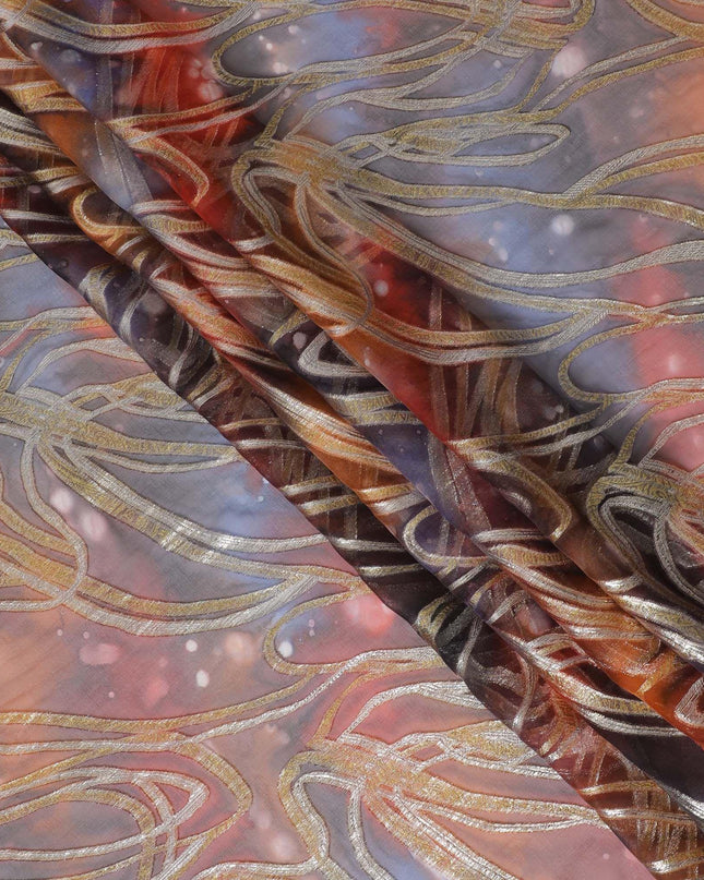 قماش شيفون نقي فاخر متعدد الألوان مع لوركس معدني وطباعة يدوية متعددة الألوان بتصميم تجريدي-D15681