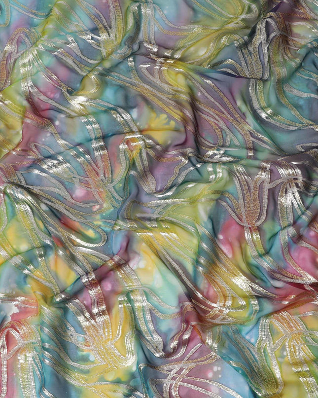 قماش شيفون نقي فاخر متعدد الألوان مع لوركس معدني وطباعة يدوية متعددة الألوان بتصميم تجريدي-D15682