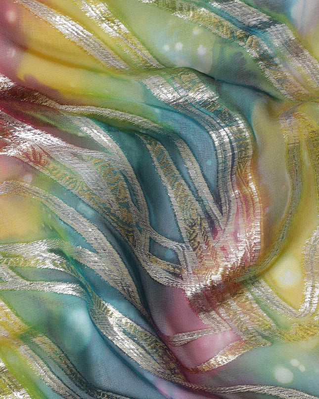 قماش شيفون نقي فاخر متعدد الألوان مع لوركس معدني وطباعة يدوية متعددة الألوان بتصميم تجريدي-D15682
