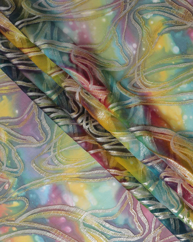 قماش شيفون نقي فاخر متعدد الألوان مع لوركس معدني وطباعة يدوية متعددة الألوان بتصميم تجريدي-D15682