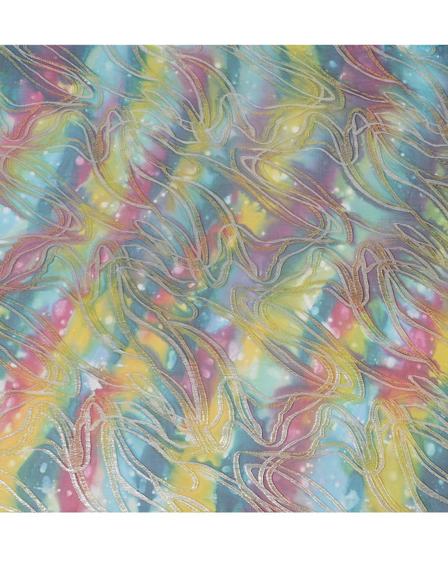 قماش شيفون نقي فاخر متعدد الألوان مع لوركس معدني وطباعة يدوية متعددة الألوان بتصميم تجريدي-D15682