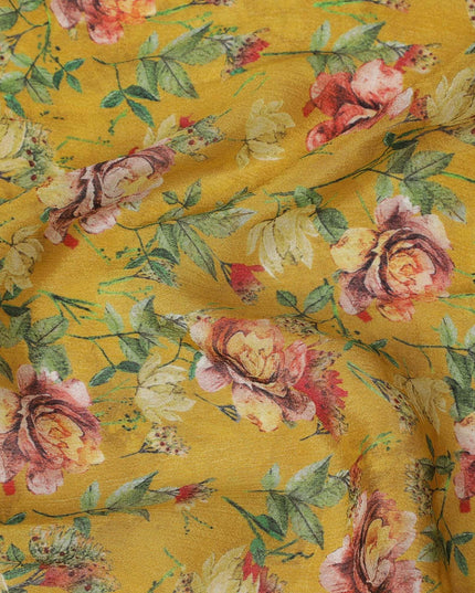 Corn yellow viscose crepe fabric with multicolor print in floral design-D15687