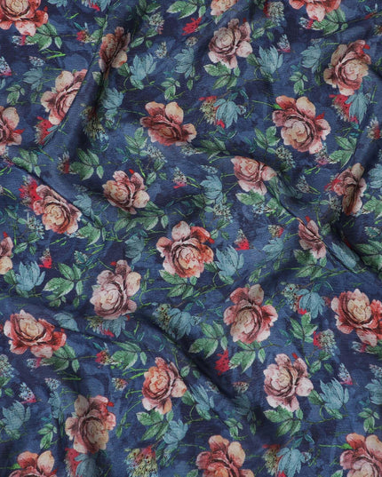 St Patrick's blue viscose crepe fabric with multicolor print in floral design-D15688