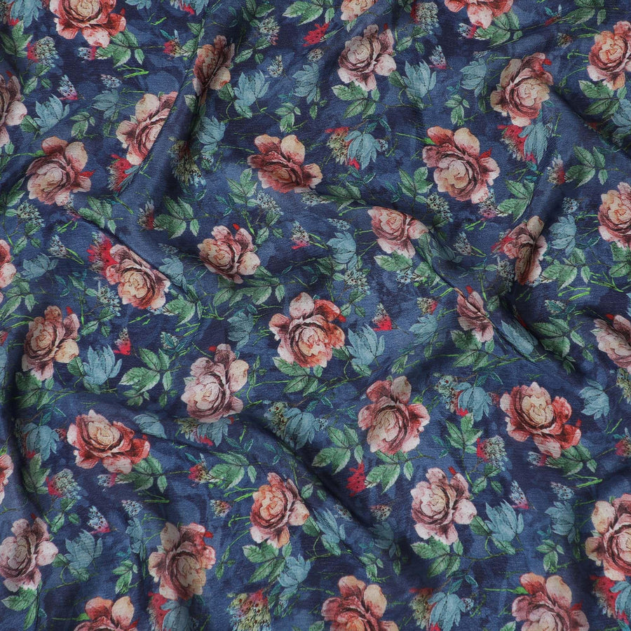 St Patrick's blue viscose crepe fabric with multicolor print in floral design-D15688