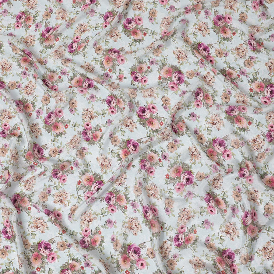 Columbia blue viscose crepe fabric with multicolor print in floral design-D15691