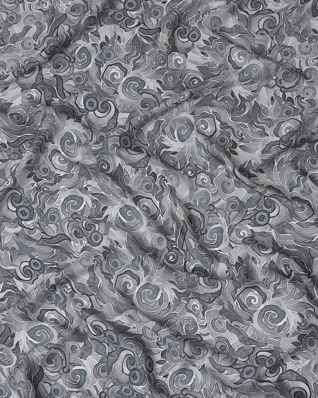 Black and grey viscose crepe fabric with multicolor print in abstract design-D15697