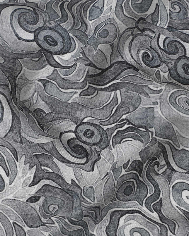 Black and grey viscose crepe fabric with multicolor print in abstract design-D15697