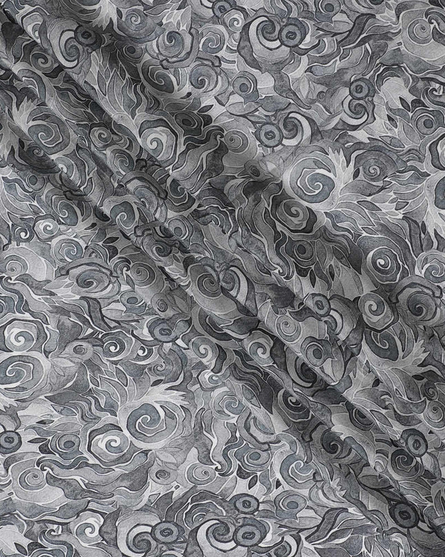 Black and grey viscose crepe fabric with multicolor print in abstract design-D15697