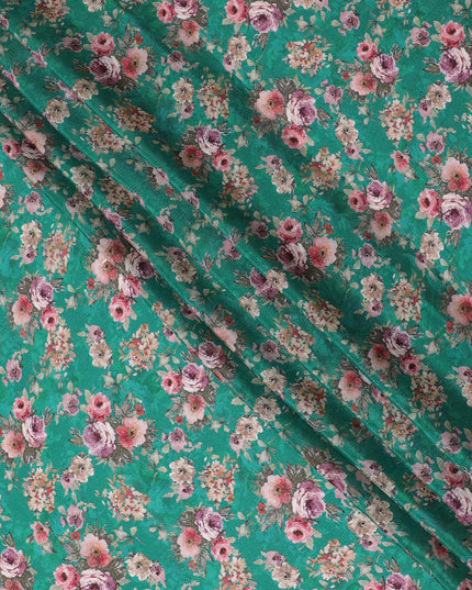 Sea green viscose crepe fabric with multicolor print in floral design-D15700