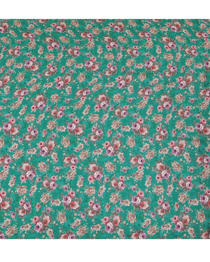 Sea green viscose crepe fabric with multicolor print in floral design-D15700