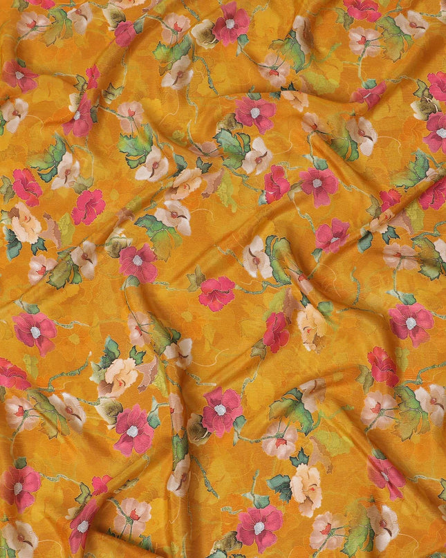 Honey yellow viscose crepe fabric with multicolor print in floral design-D15701