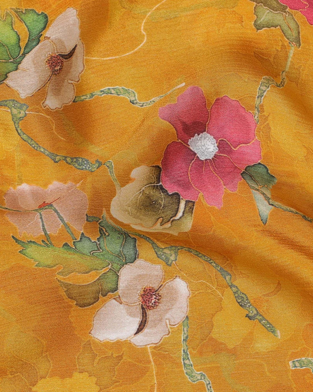 Honey yellow viscose crepe fabric with multicolor print in floral design-D15701