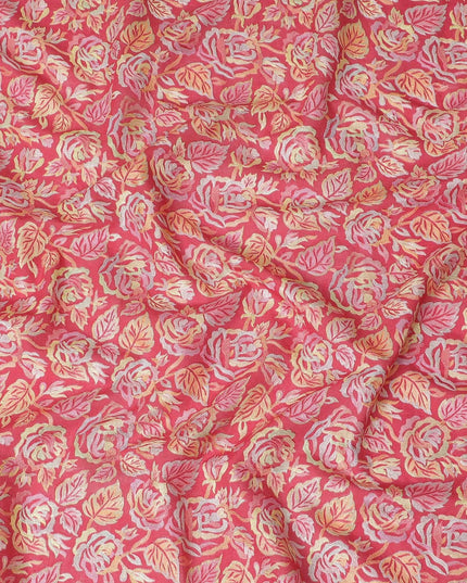 قماش مخلوط من حرير التوسار الفاخر باللون الأحمر القرميدي مع تطريز متعدد الألوان بتصميم الأزهار-D15792