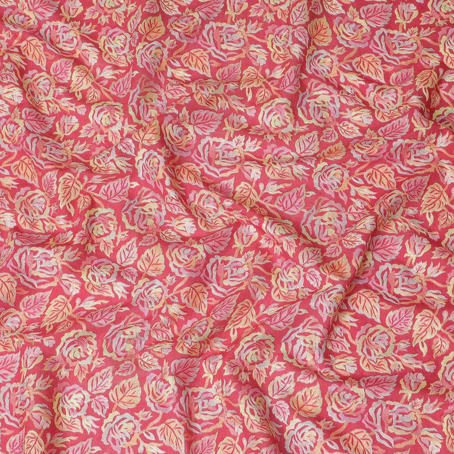 قماش مخلوط من حرير التوسار الفاخر باللون الأحمر القرميدي مع تطريز متعدد الألوان بتصميم الأزهار-D15792