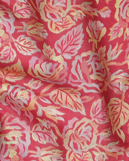 قماش مخلوط من حرير التوسار الفاخر باللون الأحمر القرميدي مع تطريز متعدد الألوان بتصميم الأزهار-D15792