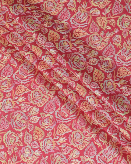 قماش مخلوط من حرير التوسار الفاخر باللون الأحمر القرميدي مع تطريز متعدد الألوان بتصميم الأزهار-D15792