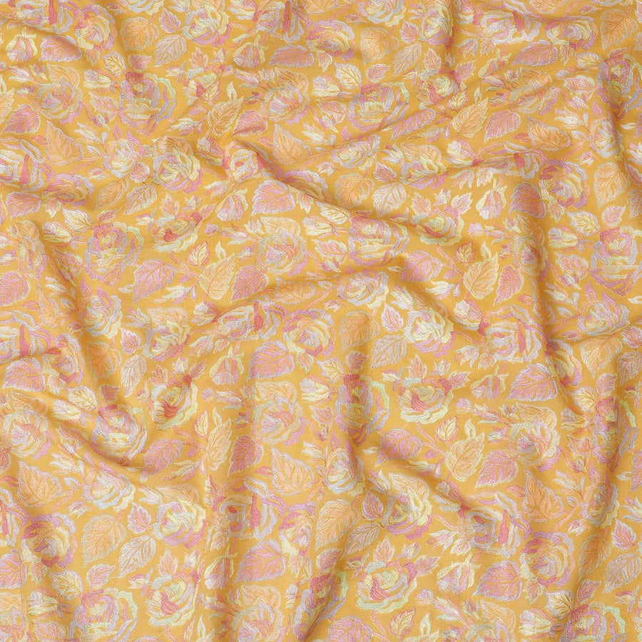 الخردل قماش مخلوط من حرير التوسار الفاخر مع تطريز متعدد الألوان بتصميم الأزهار-D15793