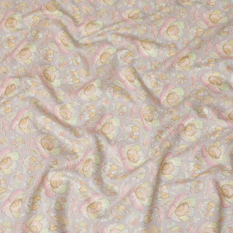 Cloud grey Premium tussar silk blended fabric with multicolor embroidery in floral design-D15794