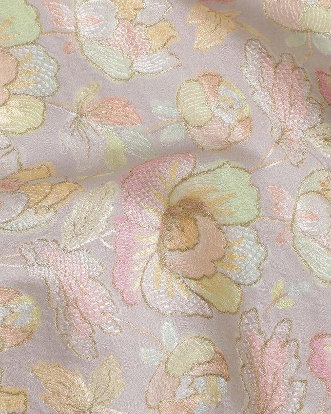 قماش مخلوط من حرير التوسار الفاخر باللون الرمادي السحابي مع تطريز متعدد الألوان بتصميم الأزهار-D15794