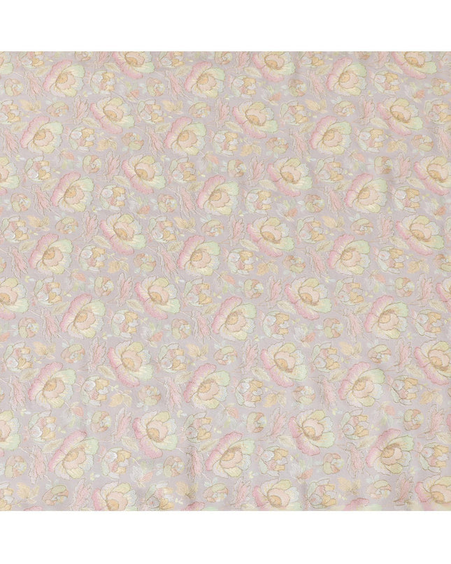 قماش مخلوط من حرير التوسار الفاخر باللون الرمادي السحابي مع تطريز متعدد الألوان بتصميم الأزهار-D15794