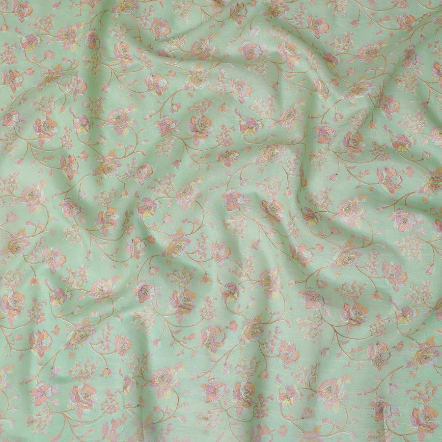 Turquoise green Premium tussar silk blended fabric with multicolor embroidery in floral design-D15801