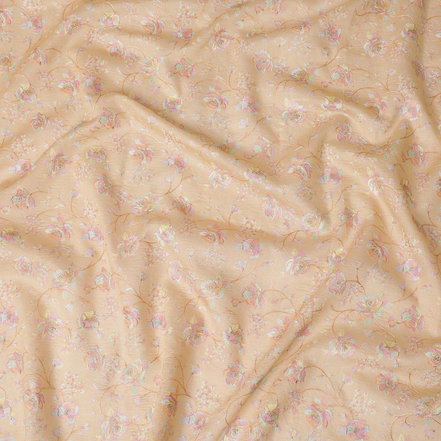 قماش السلمون الخوخي الفاخر من حرير التوسار مع تطريز متعدد الألوان بتصميم الأزهار-D15802