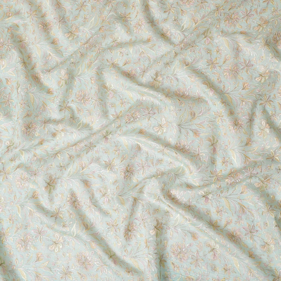 Light electric blue Premium tussar silk blended fabric with multicolor embroidery in floral design-D15803