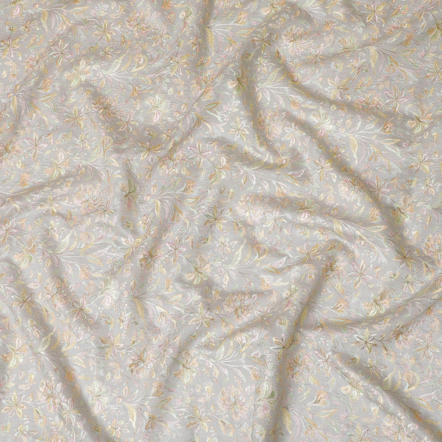 قماش مخلوط من حرير التوسار الفاخر باللون الرمادي اللؤلؤي مع تطريز متعدد الألوان بتصميم الأزهار-D15805