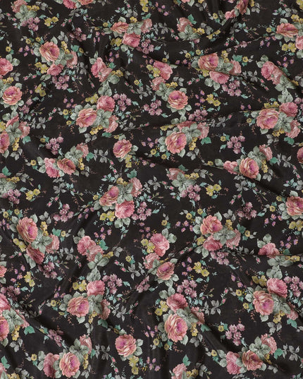 Black blended viscose fabric with multicolor print in floral design-D15808