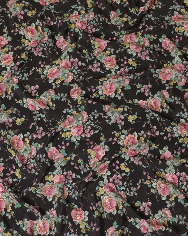 Black blended viscose fabric with multicolor print in floral design-D15808