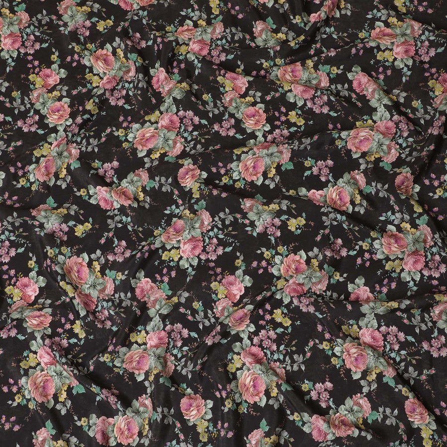 Black blended viscose fabric with multicolor print in floral design-D15808