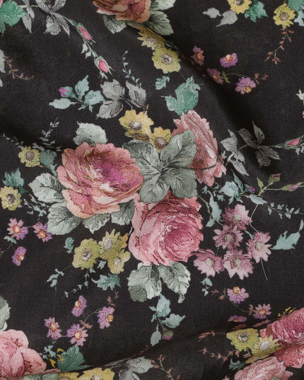 Black blended viscose fabric with multicolor print in floral design-D15808