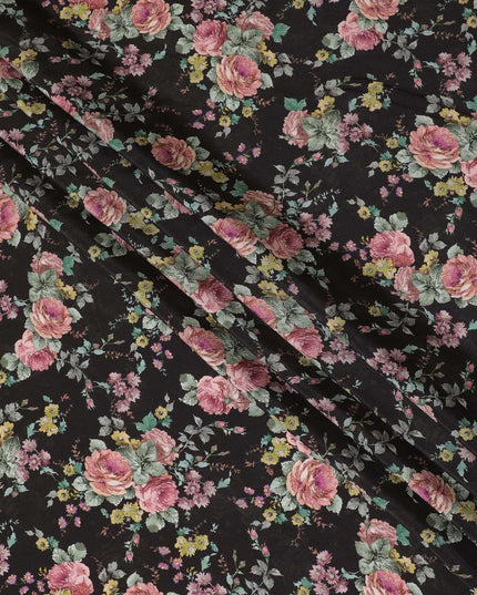 Black blended viscose fabric with multicolor print in floral design-D15808