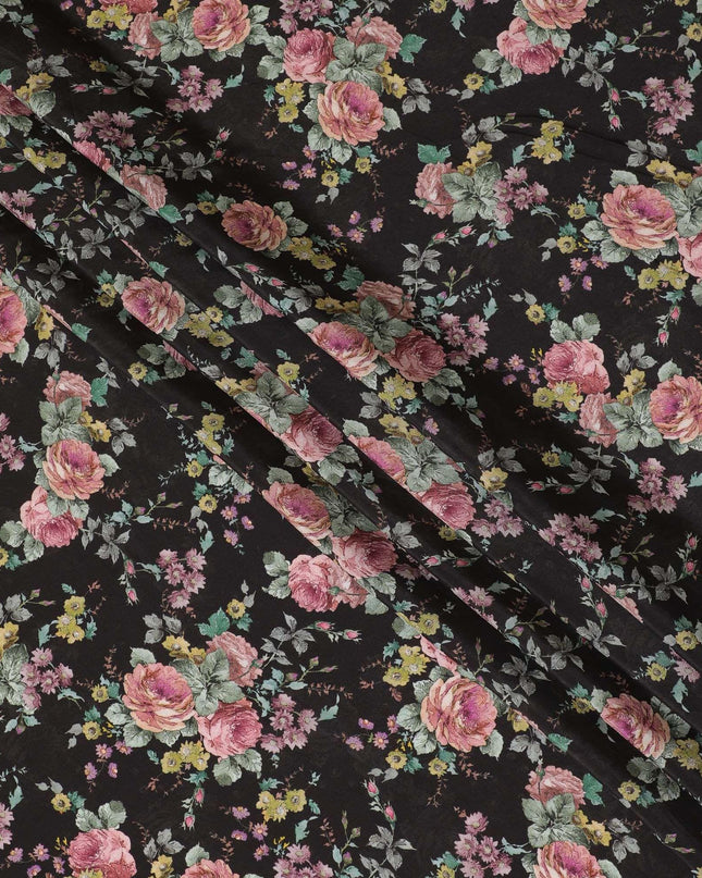 Black blended viscose fabric with multicolor print in floral design-D15808