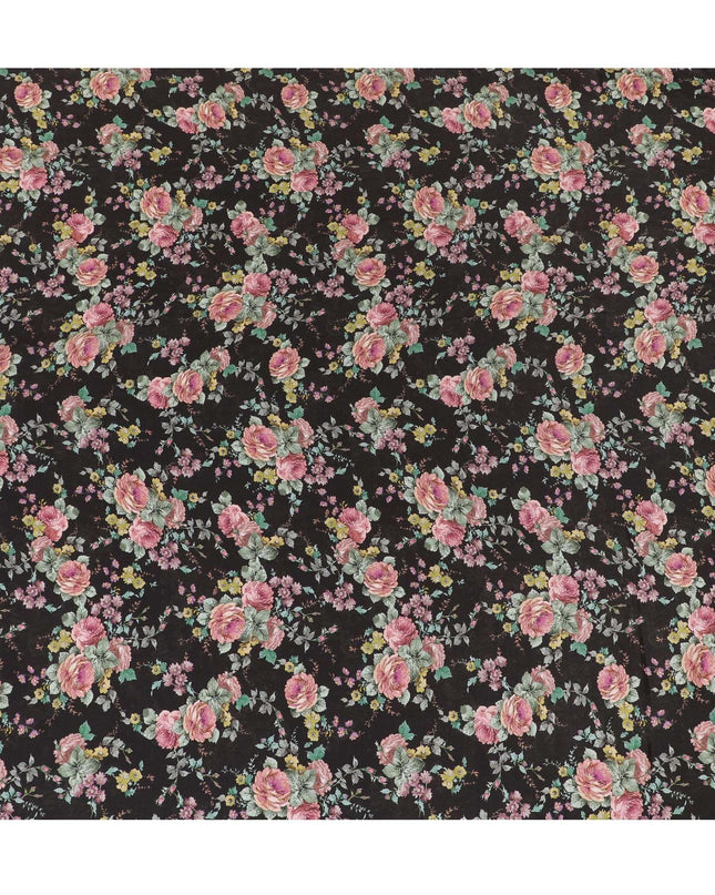 Black blended viscose fabric with multicolor print in floral design-D15808