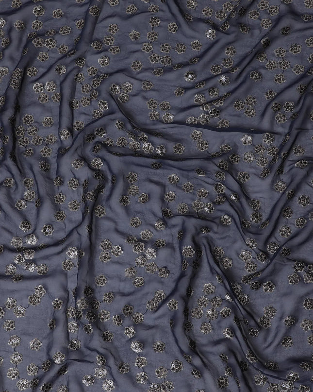 Navy blue synthetic georgette fabric with gold and black sequins in floral design-D15816 Regal Fabrics