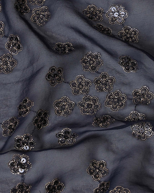 Navy blue synthetic georgette fabric with gold and black sequins in floral design-D15816 Regal Fabrics