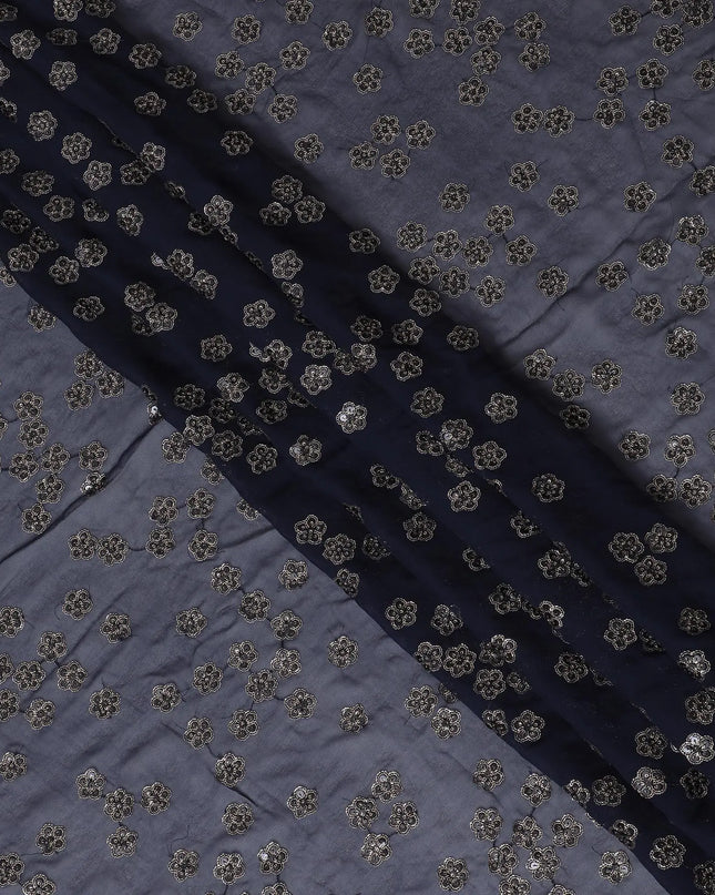 Navy blue synthetic georgette fabric with gold and black sequins in floral design-D15816 Regal Fabrics