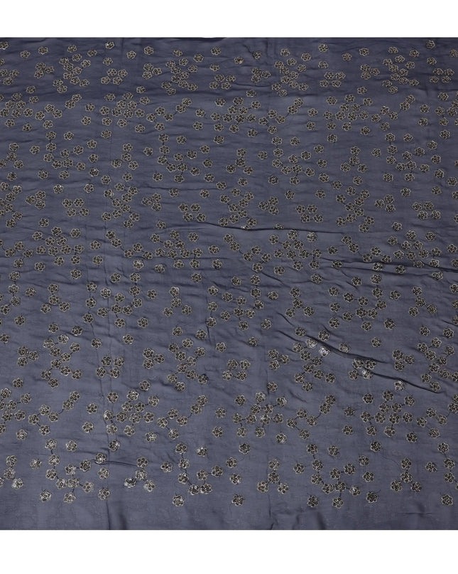 Navy blue synthetic georgette fabric with gold and black sequins in floral design-D15816 Regal Fabrics
