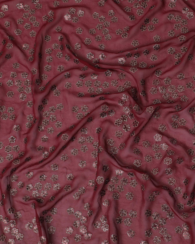 Barn red synthetic georgette fabric with gold and black sequins in floral design-D15817